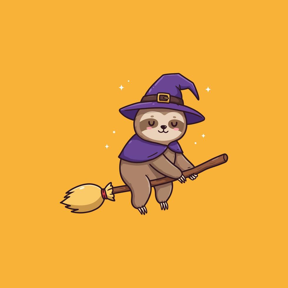 Adorable Sloth Witch on Broom Whimsical Halloween Illustration vector