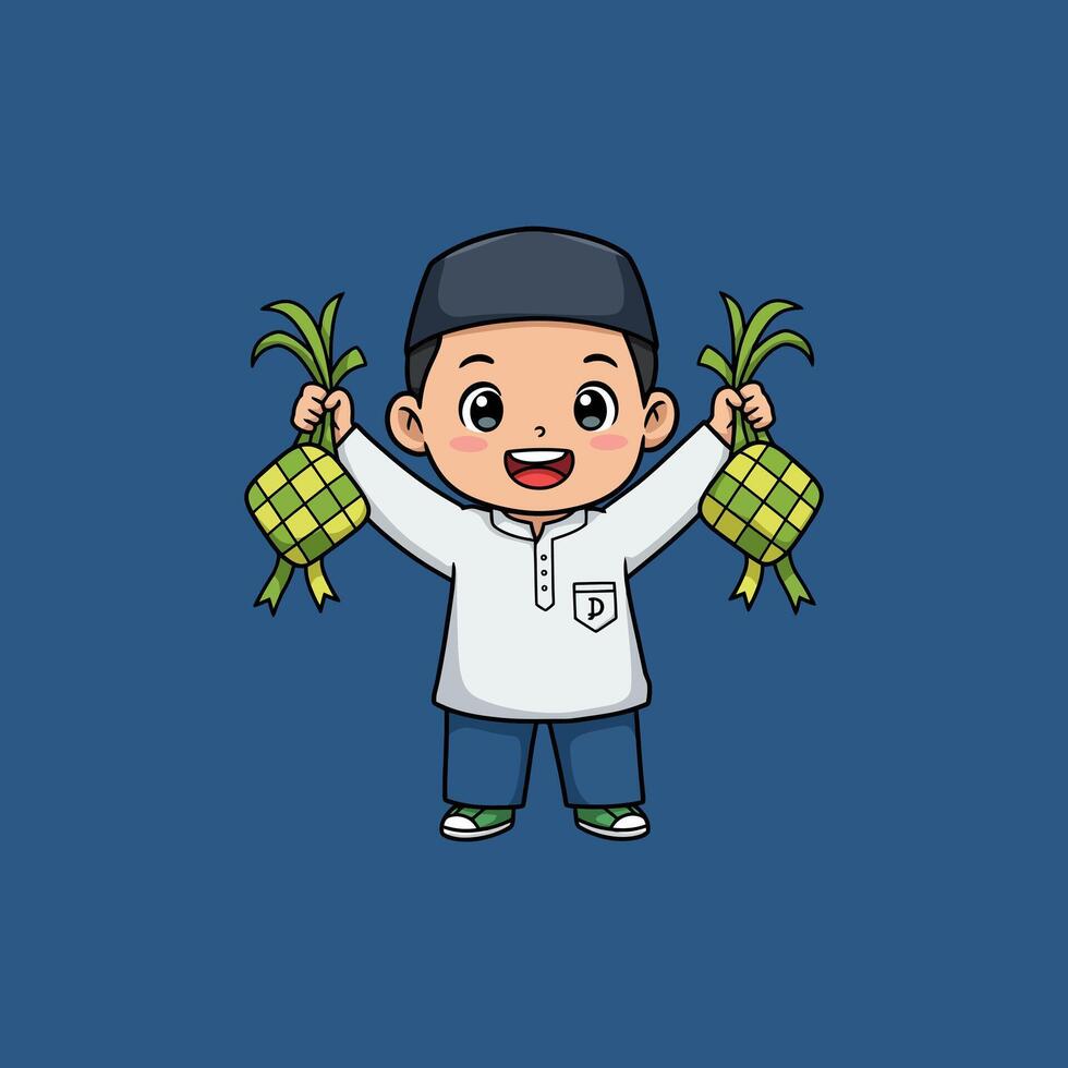 Joyful Boy with Ketupat A Cheerful Eid al-Fitr Illustration vector