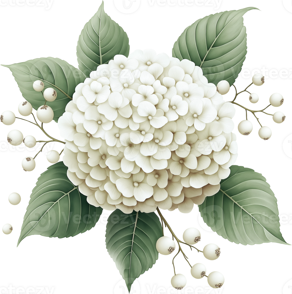 A white flower with leaves and berries png