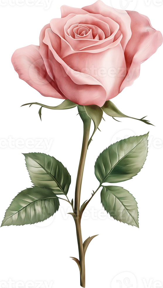 pink rose on a stem with leaves png