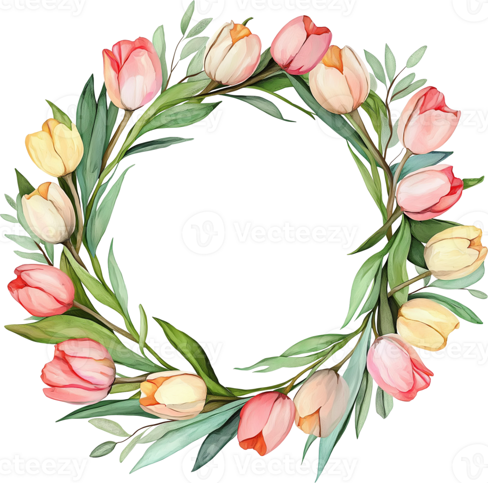 watercolor tulip wreath on transparent background png