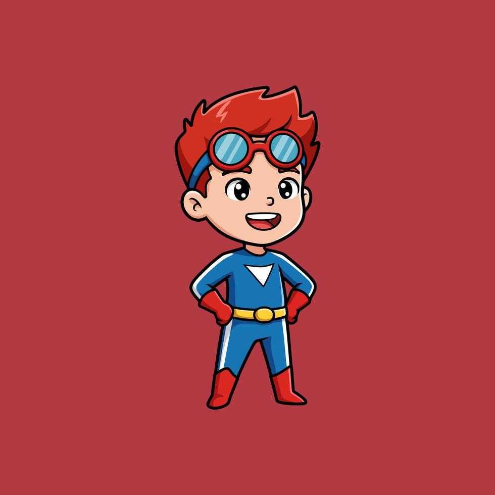 Joyful Boy Superhero Cartoon Illustration in Vibrant Red and Blue vector