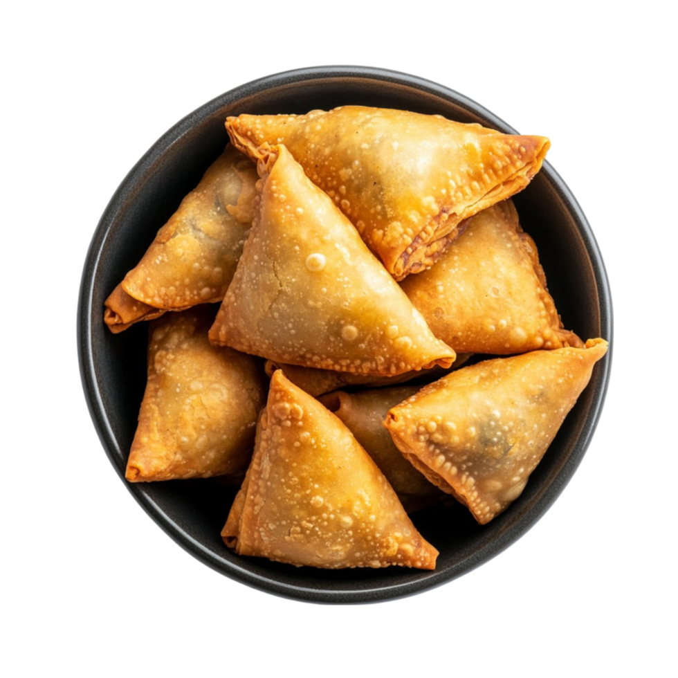 Delicious Deep-Fried Samosas in a Bowl on Transparent Background png
