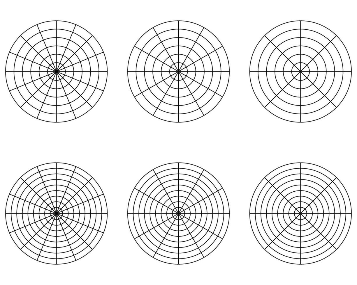 Polar grid divided into radial degree template isolated. Polar coordinate circular grid set. Pie chart blank, illustration vector