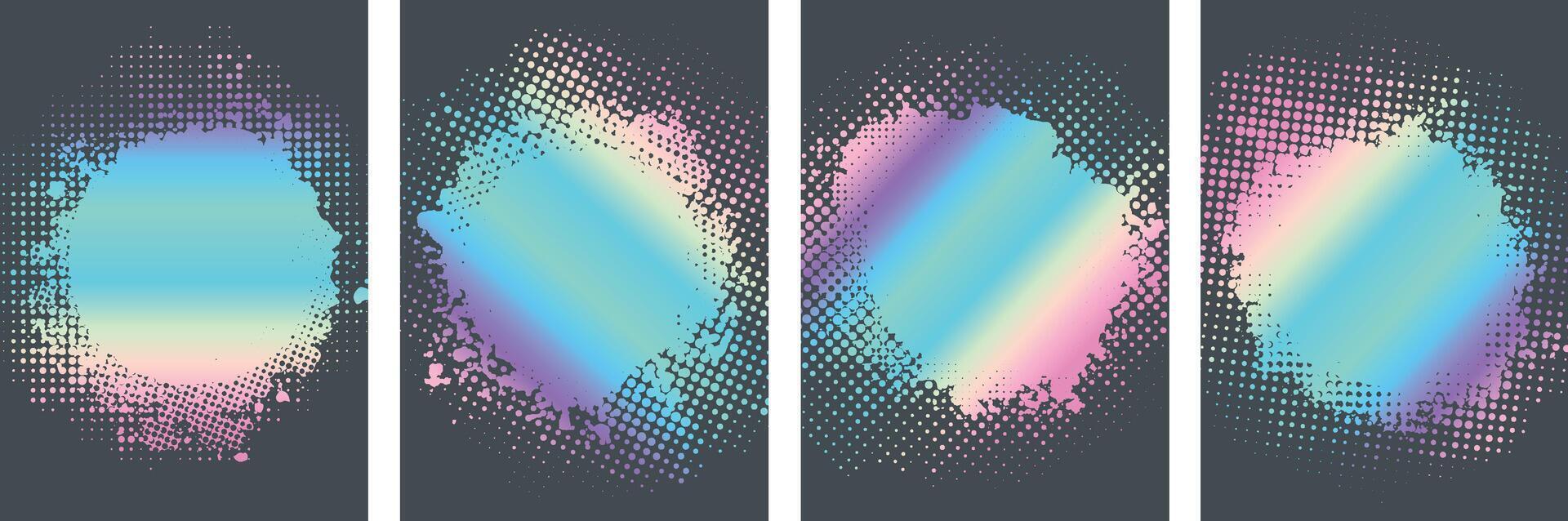 Collection of holograpgy color themed Grunge circle art with halftone background design vector