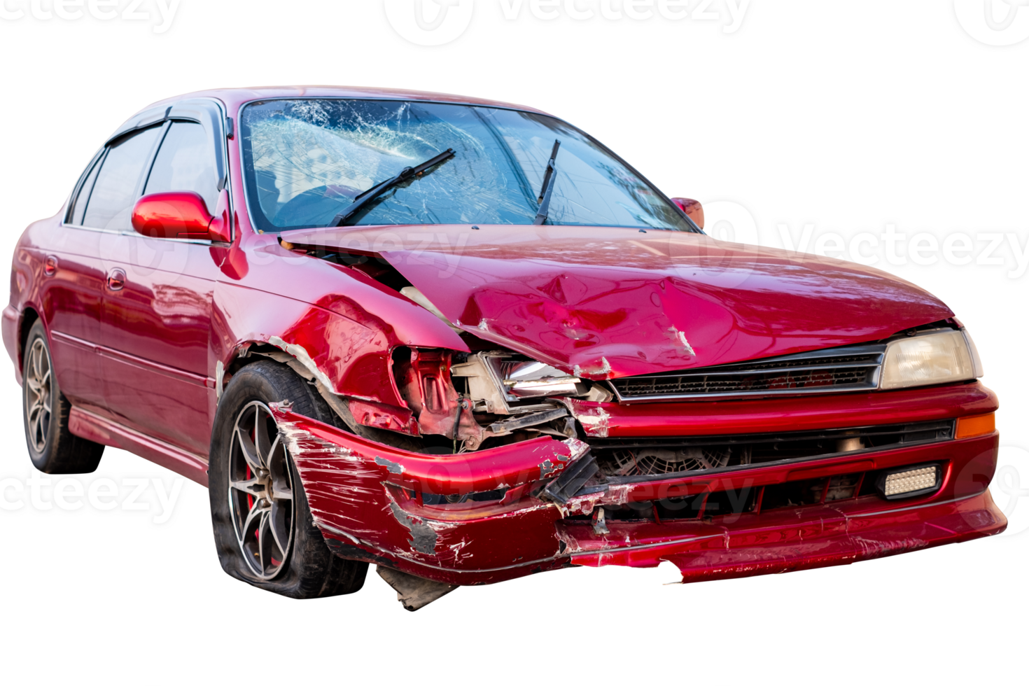 Car crash, Full body front and side view of classic red sedan car get damaged by accident on the road. damaged cars after collision. Isolated on transparent background, car crash broken, File png
