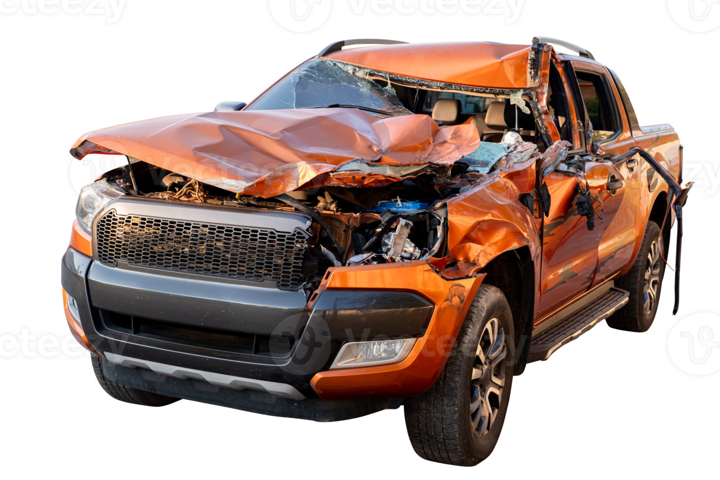 Car crash, Front and Side view of orange pickup car get hard damaged by accident on the road. damaged cars after collision. isolated on transparent background, File png
