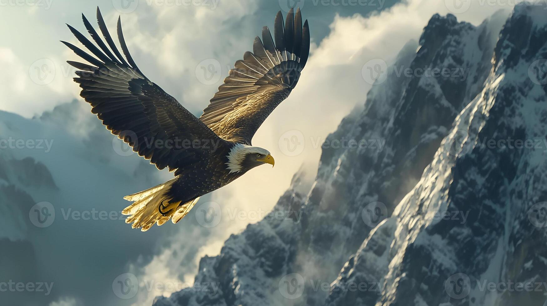 Majestic Bald Eagle Soaring Above Snowy Mountains Wildlife Nature Photography Sky Bird Rock Peak photo
