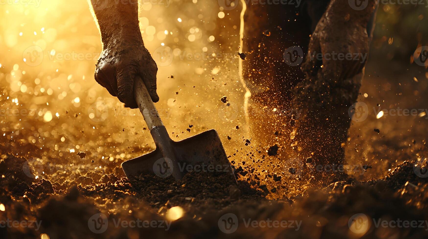 Golden Hour Farmer Digging Soil Agriculture Hard Work Rural Scene mud dark dust labor earth brown photo