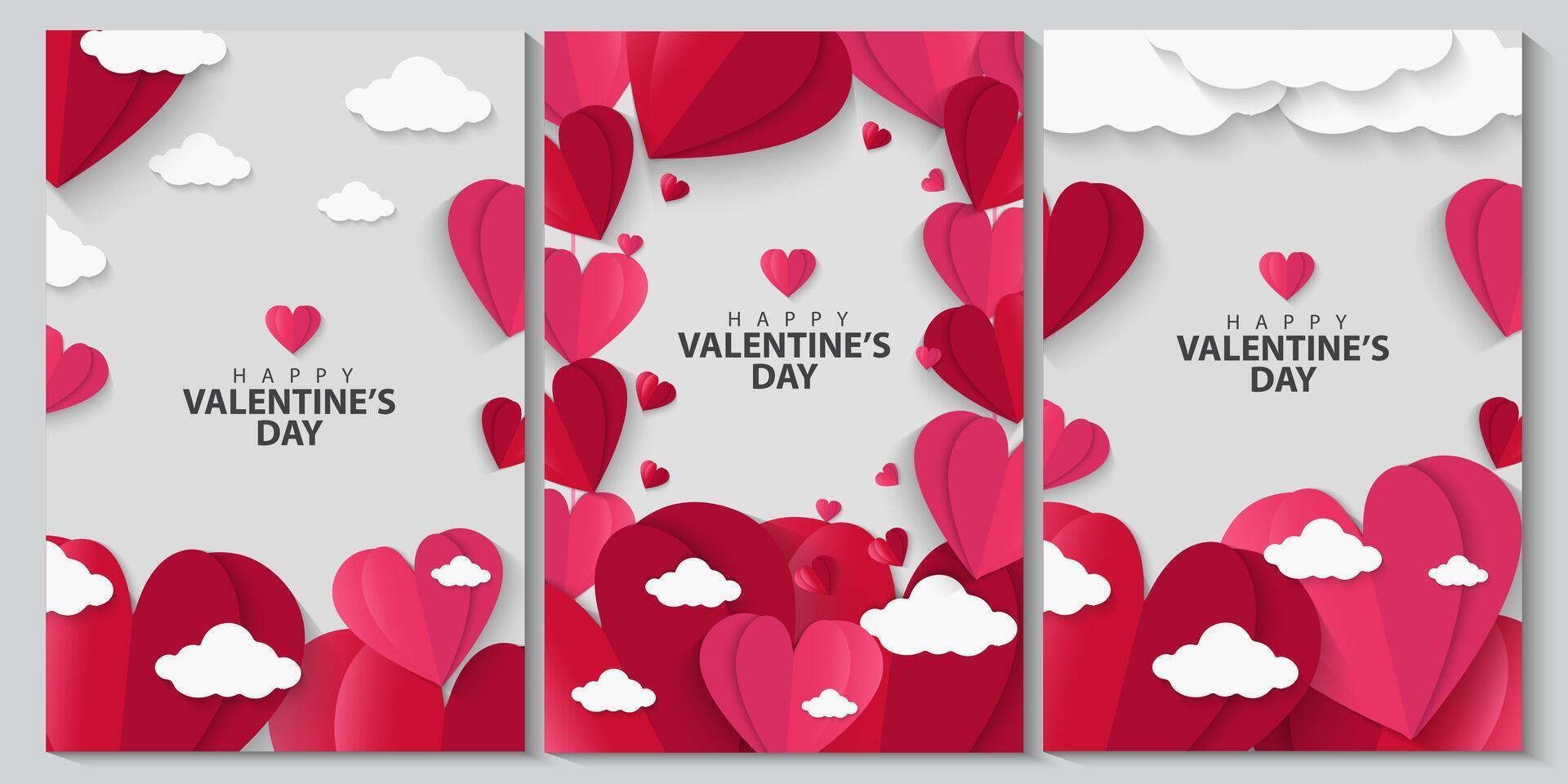 set of valentine's day greeting card or banners with hearts and clouds vector