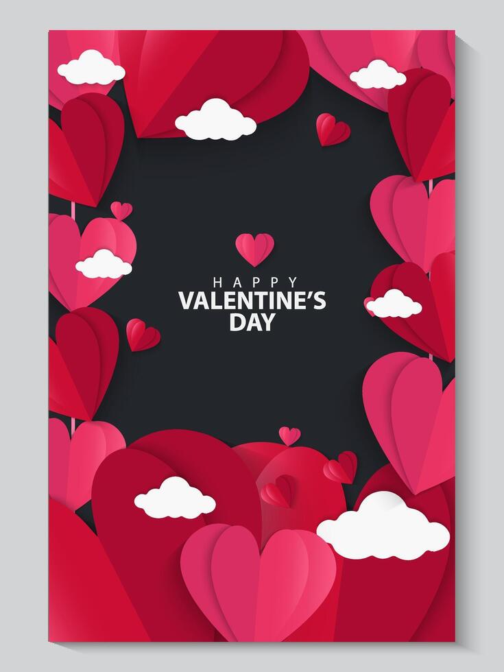 valentine's day greeting card template with paper hearts and clouds vector