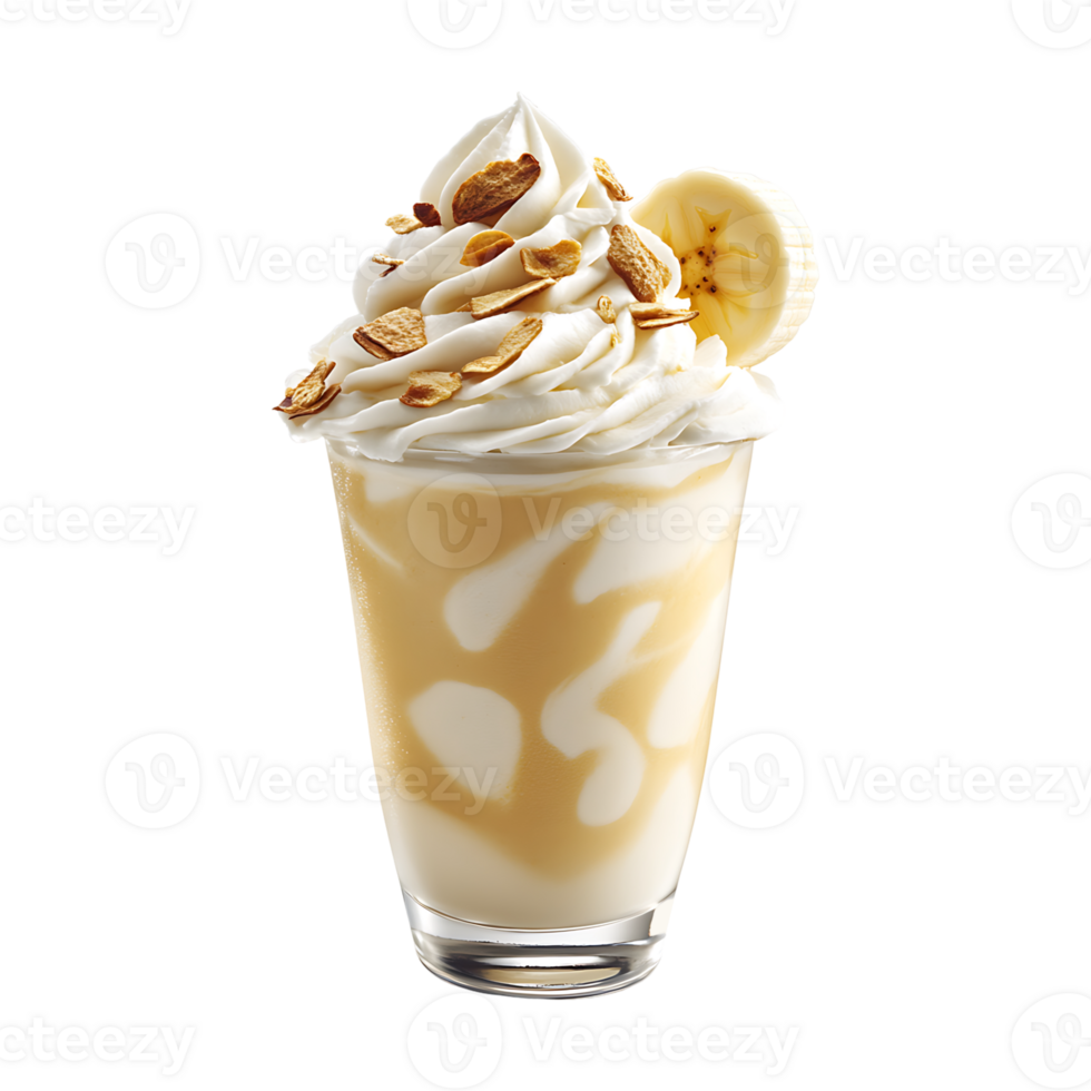 Banana nut milkshake with whipped cream and almonds png