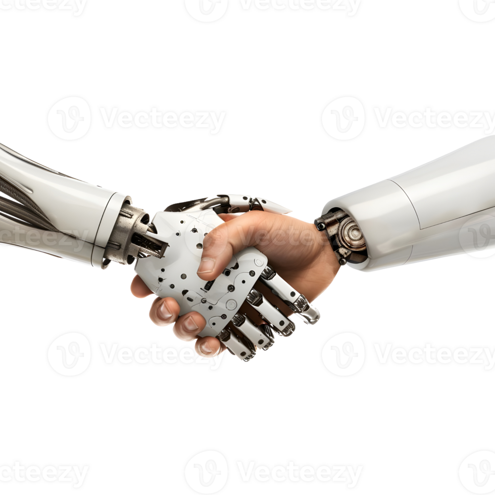 Robotic hand shaking hands with human hand on transparent background png
