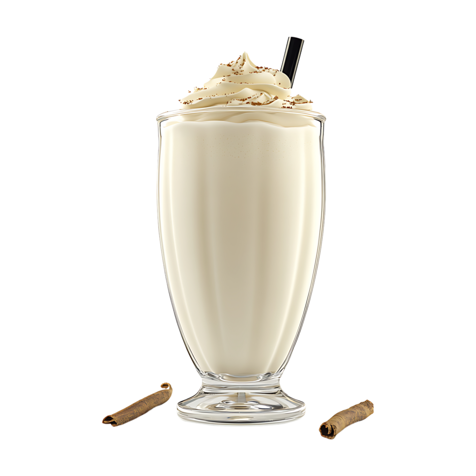A milkshake with whipped cream and cinnamon sticks on a transparent background png