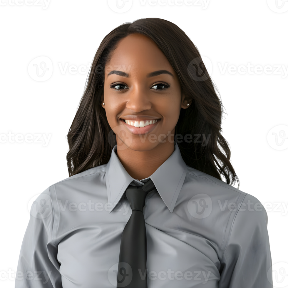 A smiling black woman in a business shirt and tie png