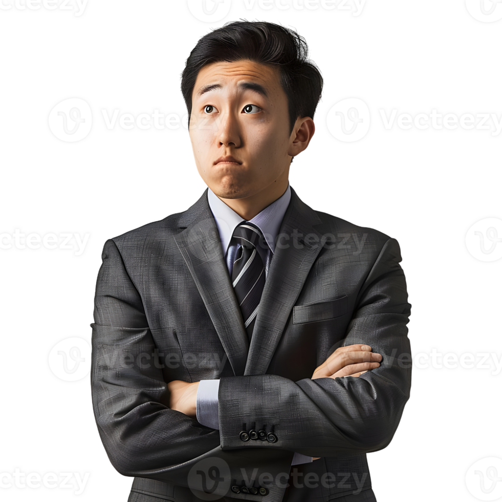 An asian man in a suit and tie standing with his arms crossed png