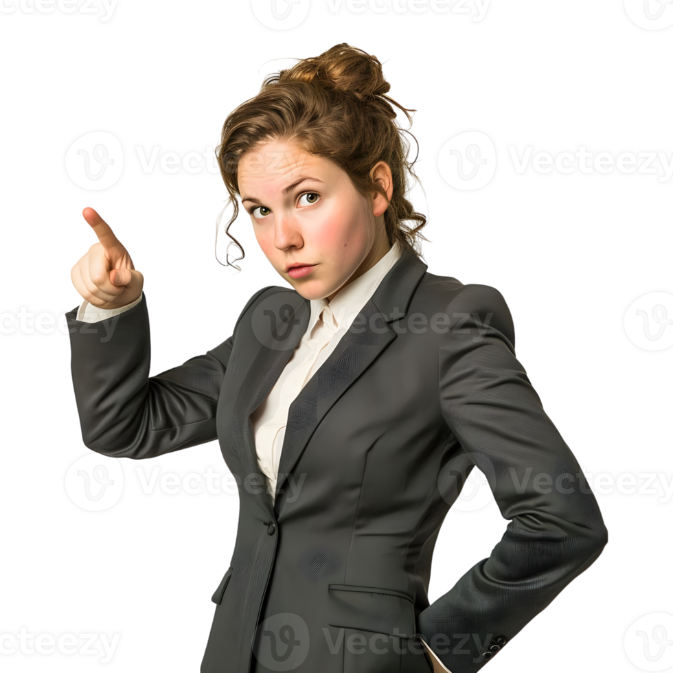 Business woman in suit pointing at something png