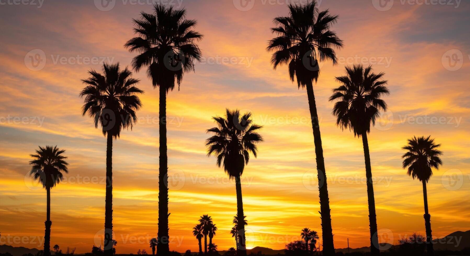 Silhouette Palm Trees Sunset Tropical Golden Sky Orange Day Warm Beach Color Light Scene Image photo