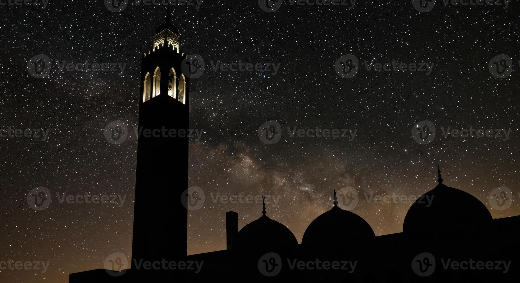 Majestic Mosque Silhouette Under Night Sky Starry Galaxy Dark Dome Hope Stars Islam Tower Faith photo