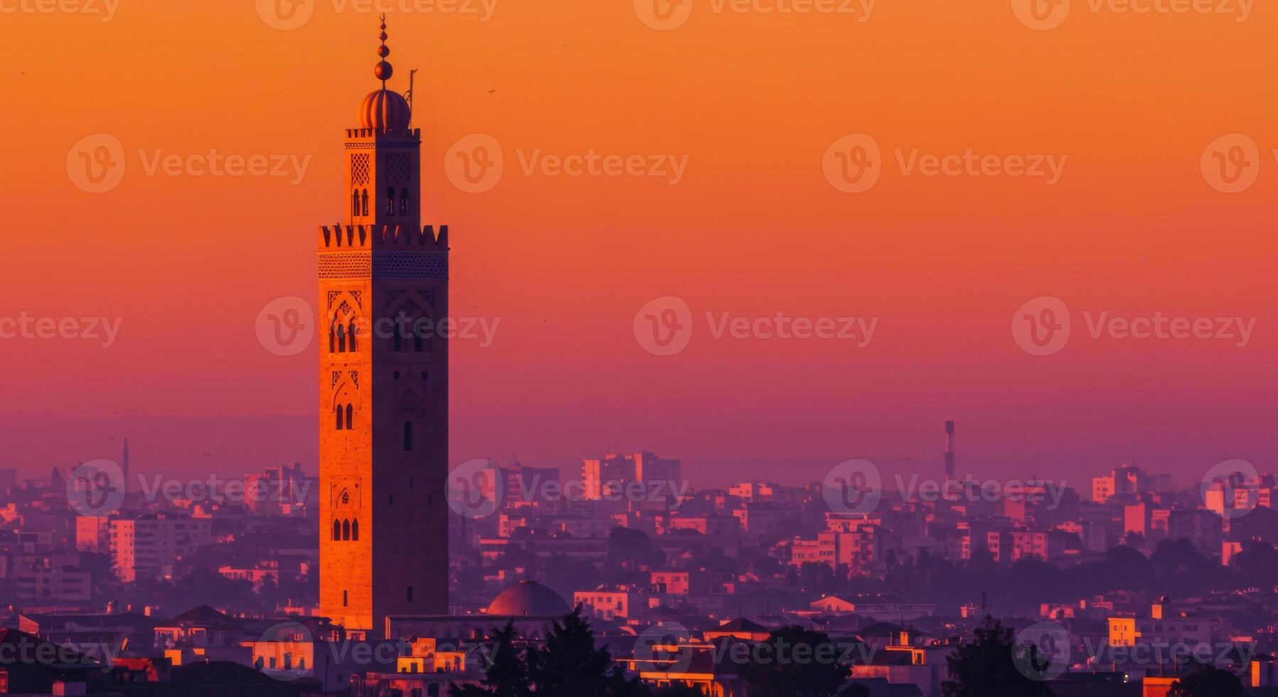Majestic Minaret Sunset Cityscape Vibrant Orange Hues Moroccan Architecture Sky Red Dusk View Tower photo