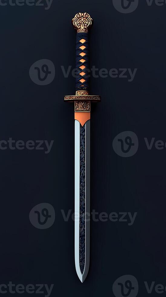 Elegant Ornate Sword Dark Background Detailed Design Medieval Weapon War Game Blade Metal Power photo