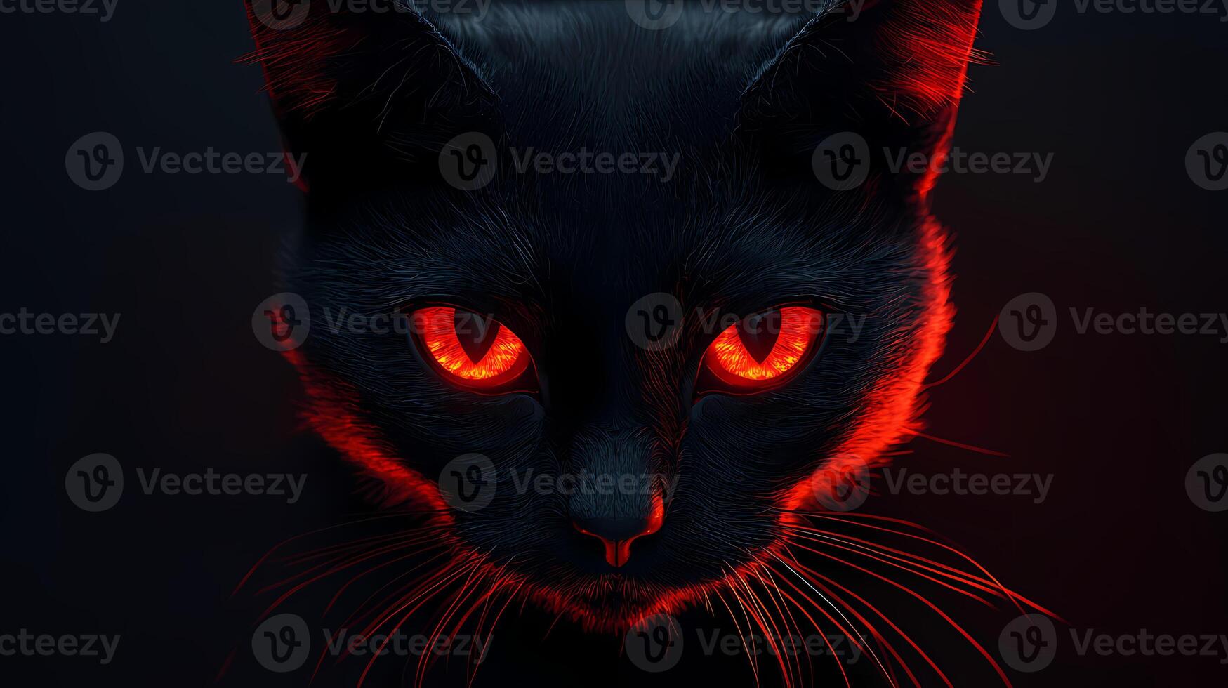 Fiery Red Eyed Black Cat Portrait Dark Background Intense Glowing Eyes Pet Animal Art Night Image photo