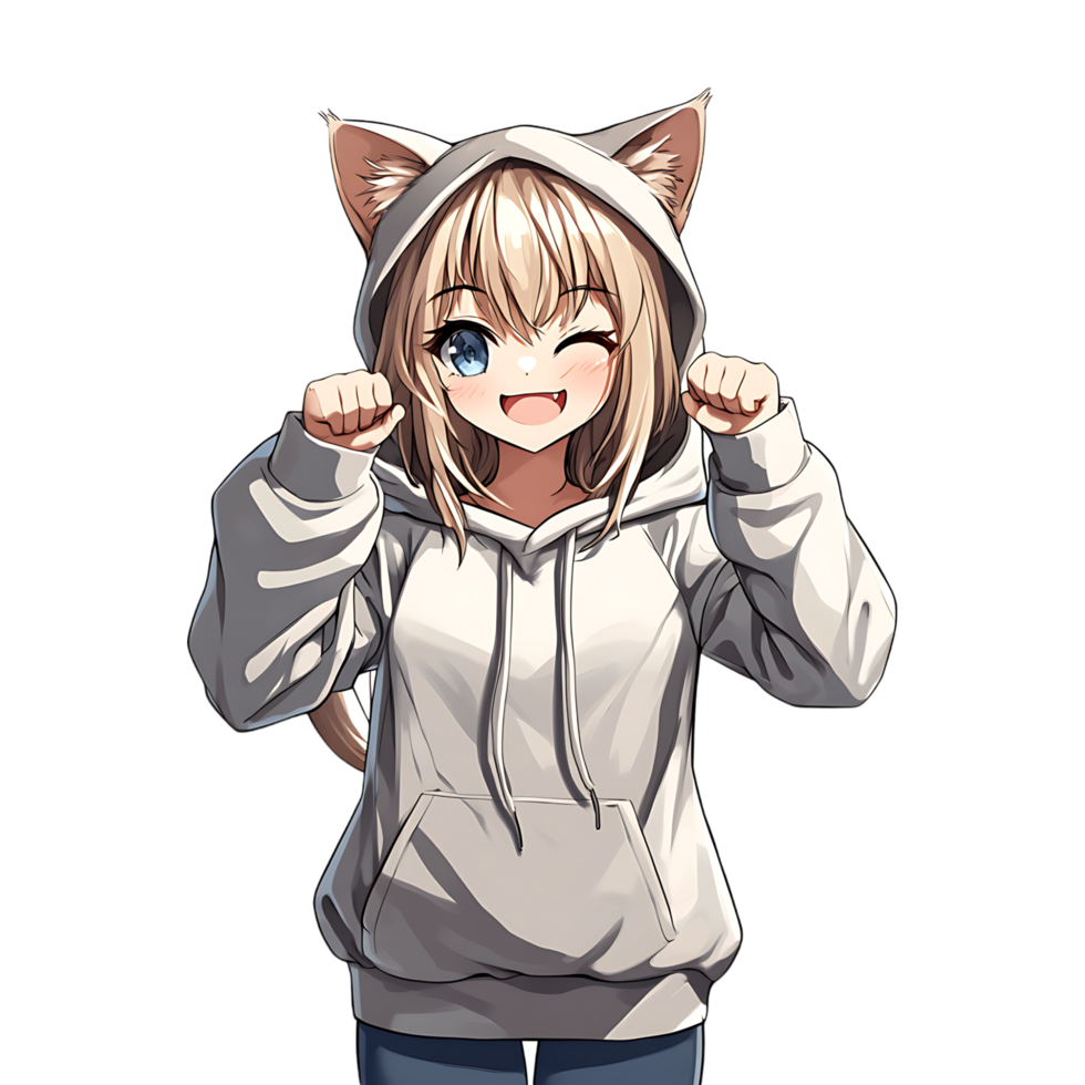 Anime girl in a hoodie with cat ears png