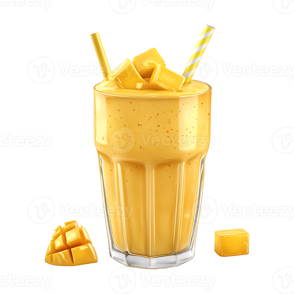 Mango smoothie with straw and cubes on transparent background png