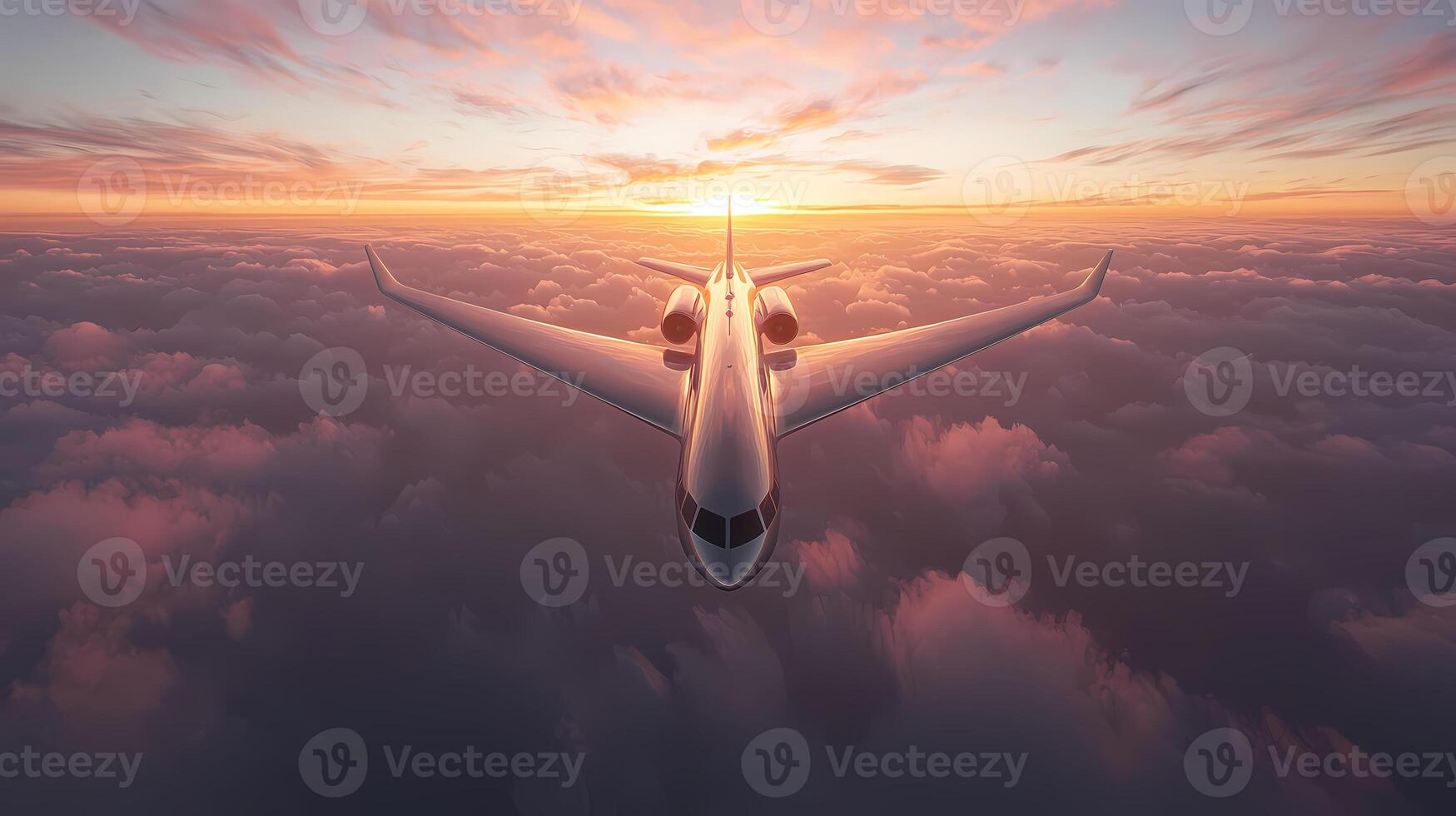 Private Jet Sunset Flight Above Clouds Luxury Travel Sky Air High View Plane Ocean Wings Golden photo