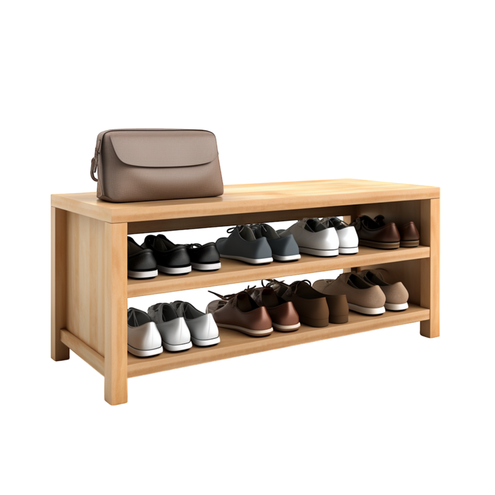 Wooden shoe rack with multiple shelves and a stylish handbag on top png