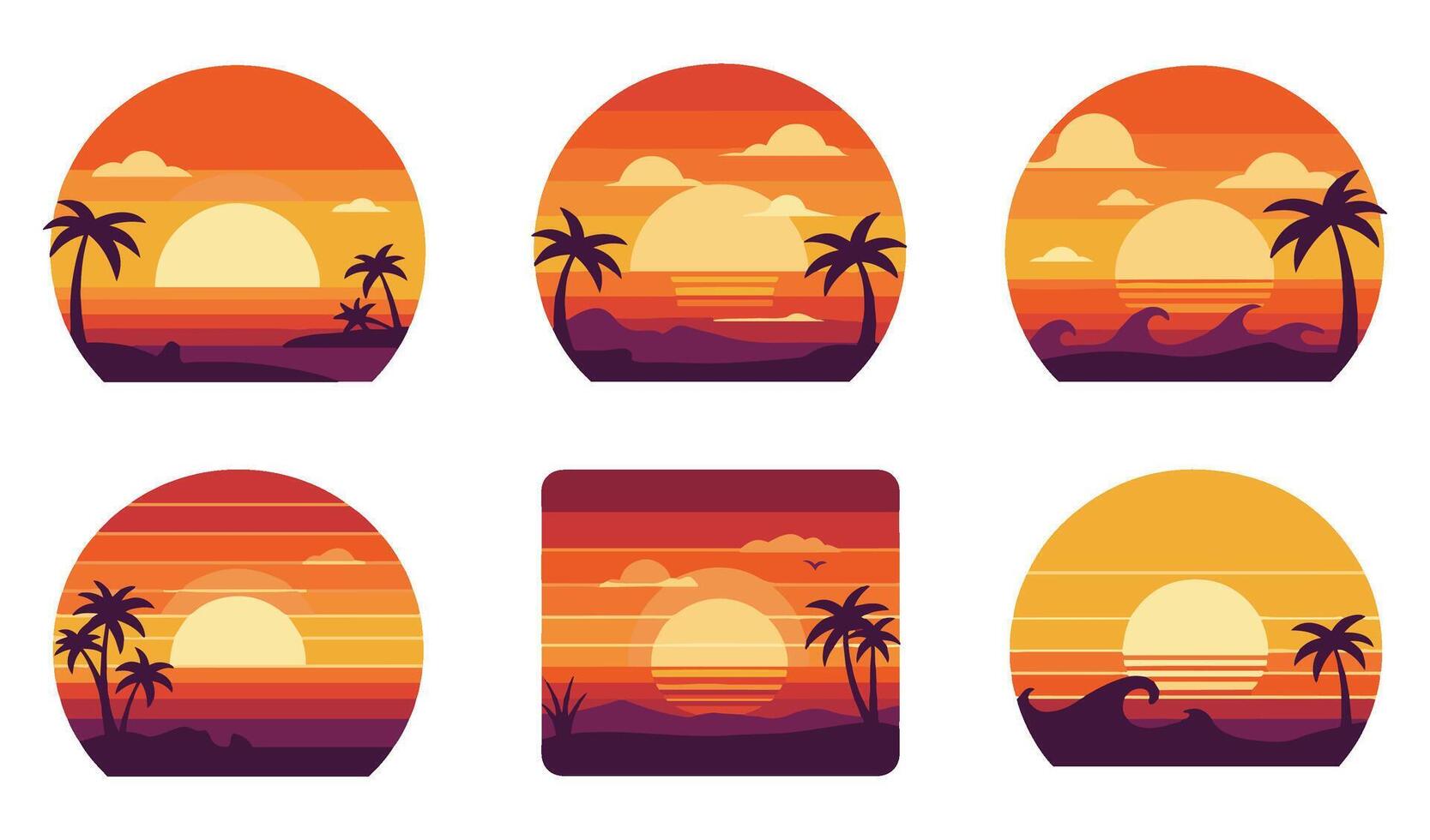 Beautiful Outdoors Vintage Retro Sunset Set Illustration with Desert and Beach Scenes vector