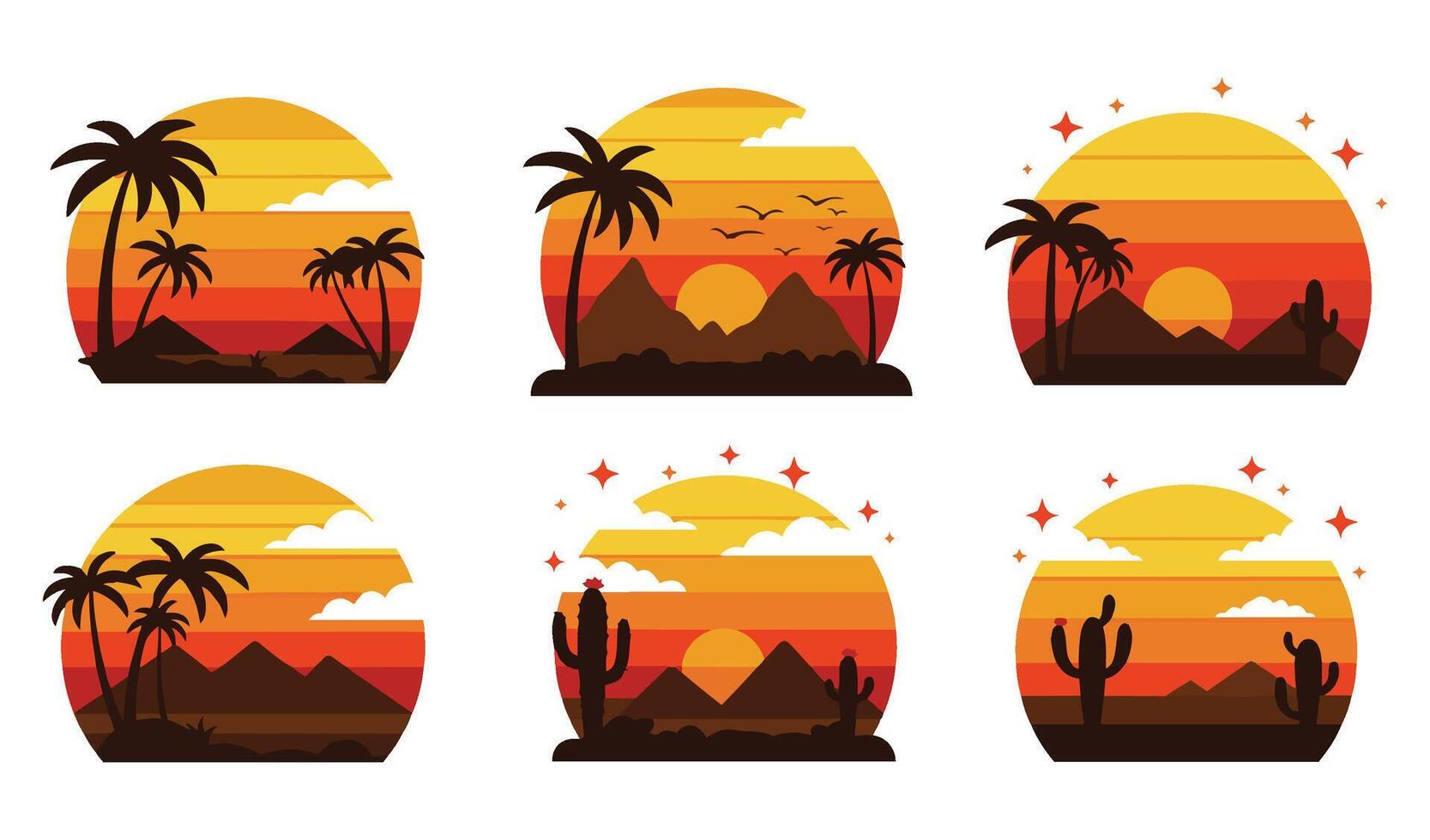 Outdoors Vintage Retro Sunset Set Illustration Showcasing Ocean Waves and Silhouetted Palms vector