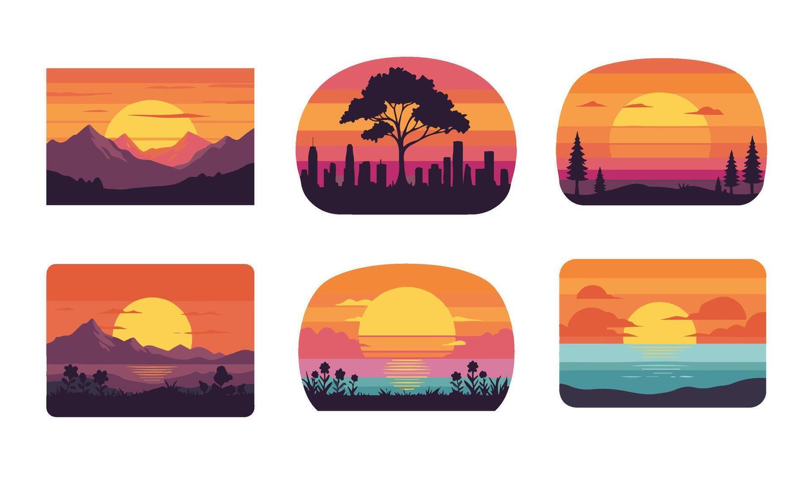 Classic Outdoors Vintage Retro Sunset Set Illustration with Tropical Island Landscapes vector