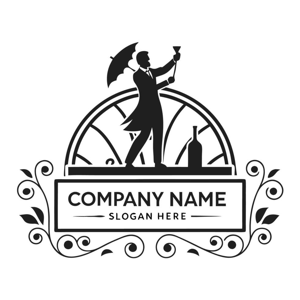 wine bar logo template with man holding umbrella on a white background vector