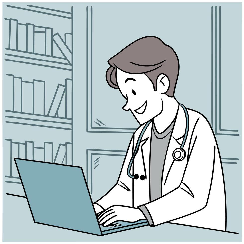 a cartoon doctor working on his laptop vector