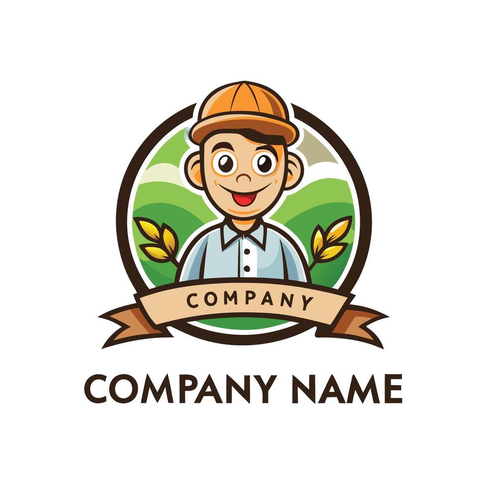 a farmer with a hat and a green field on a white background vector
