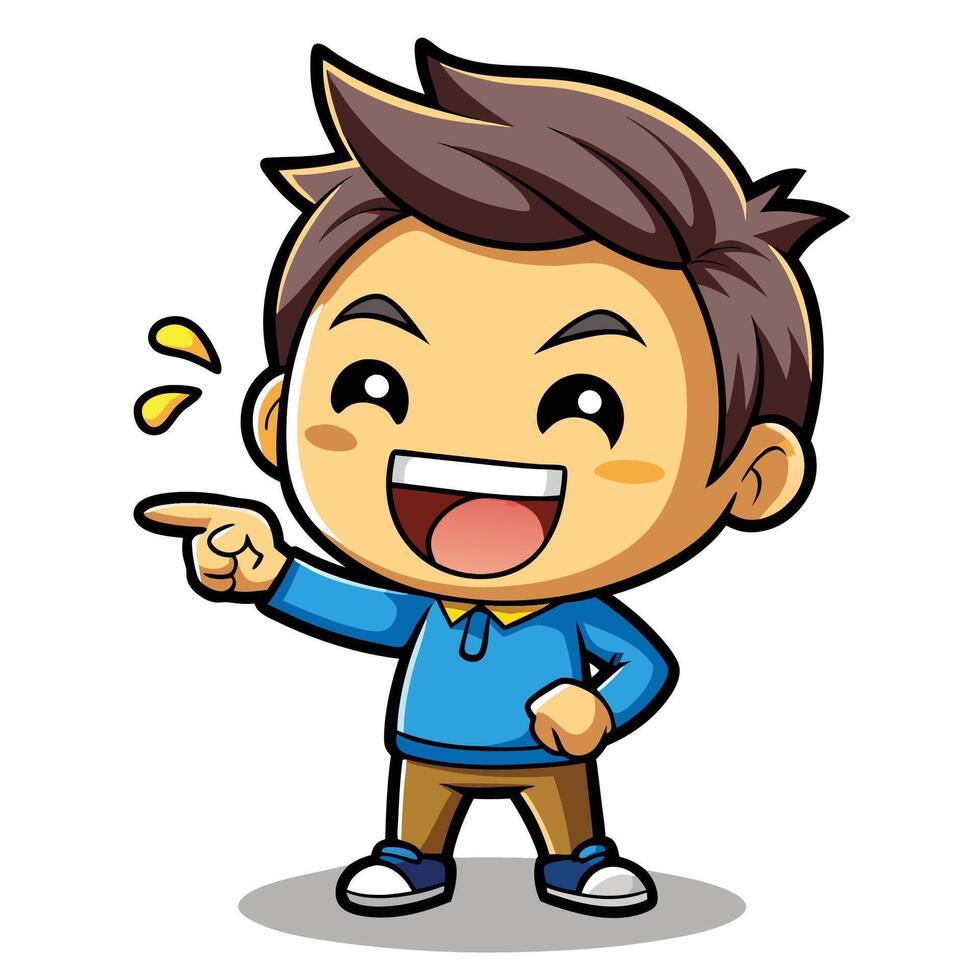 cartoon boy pointing at something on a white background, vector
