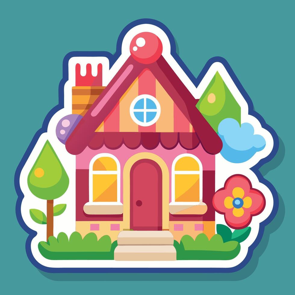 a sticker with a house and flowers on a white background vector