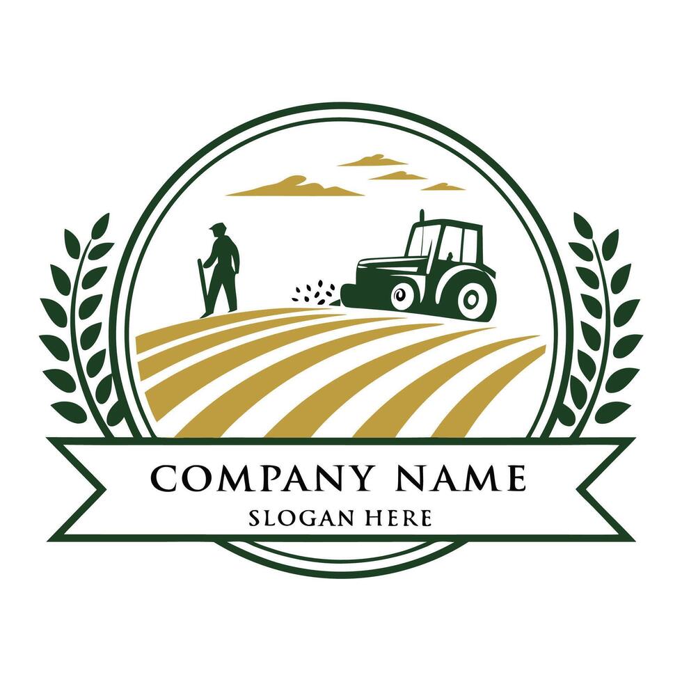 farm logo with tractor and field on a white background vector