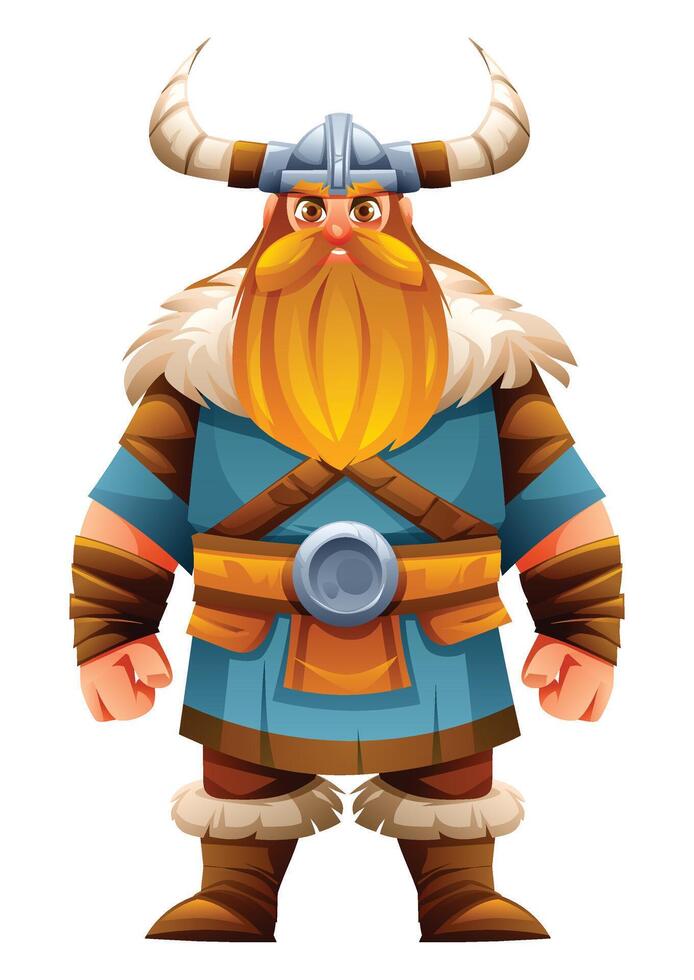 Viking character with tunic, fur, and horns, standing proudly. Cartoon illustration vector