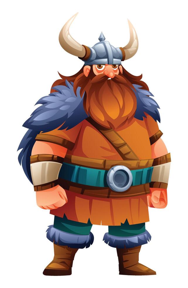 Viking character standing proudly with tunic, fur, and horns. Cartoon illustration vector