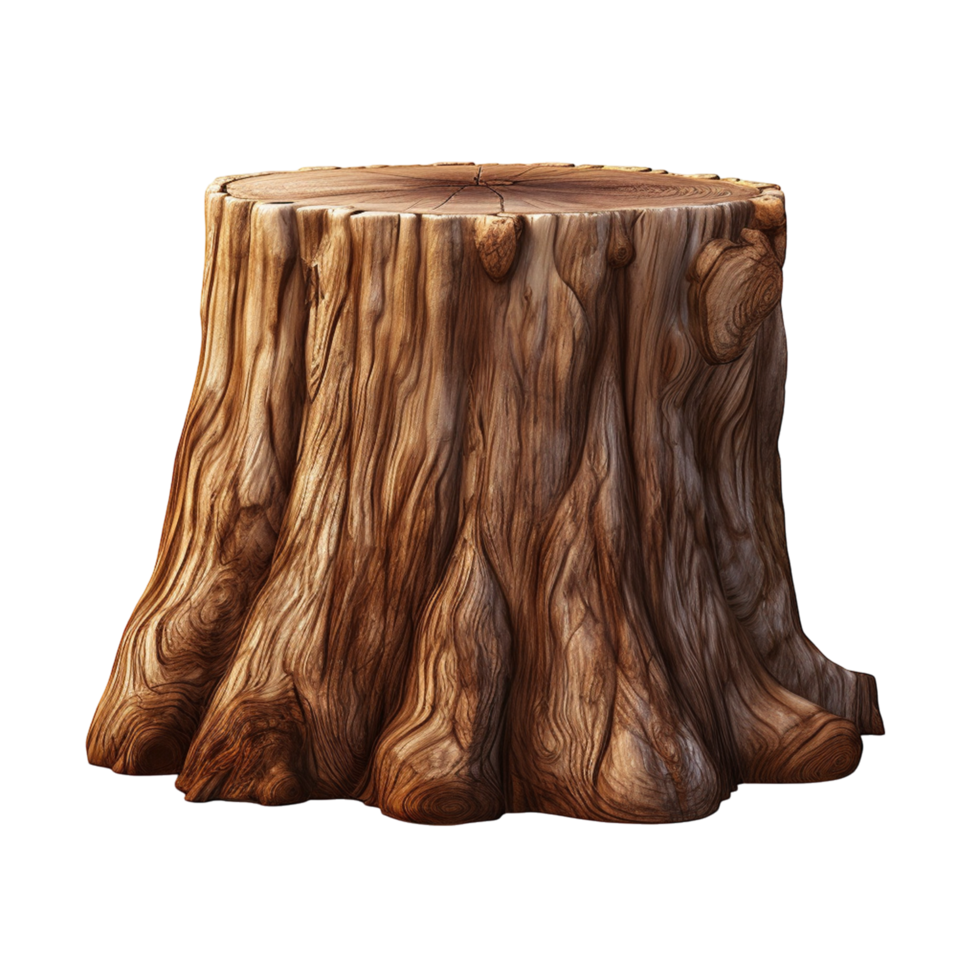 Realistic wooden tree stump with detailed bark for forest and nature concepts png