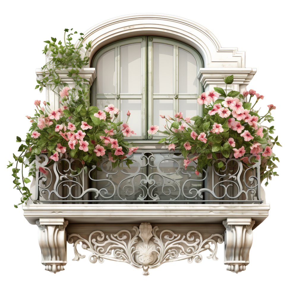 Elegant white balcony with flowering plants and classic architecture png