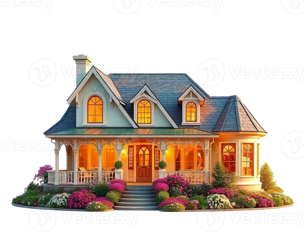 A house with flowers around it isolated on transparent background png