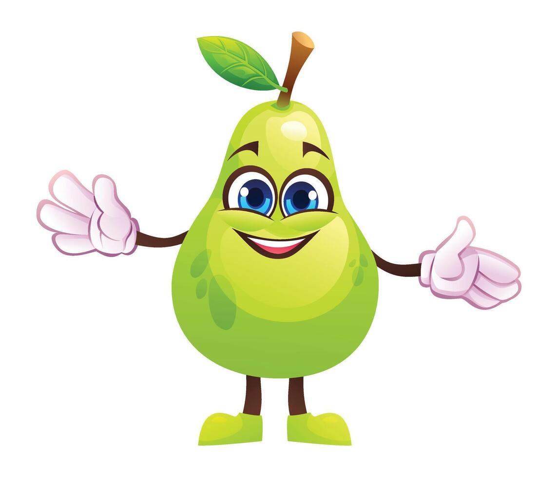 Cute pear character with open arms, welcoming and cheerful. Cartoon illustration vector