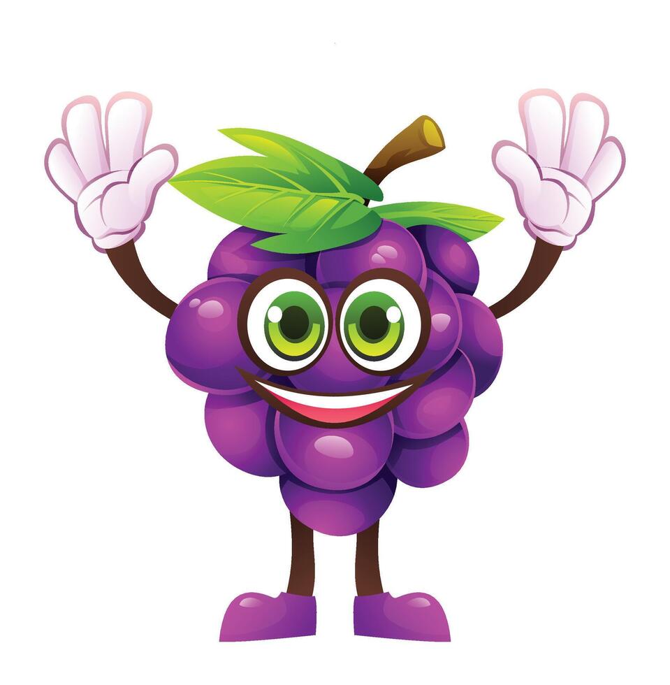 Grape character raising hands, full of excitement. Cartoon illustration vector