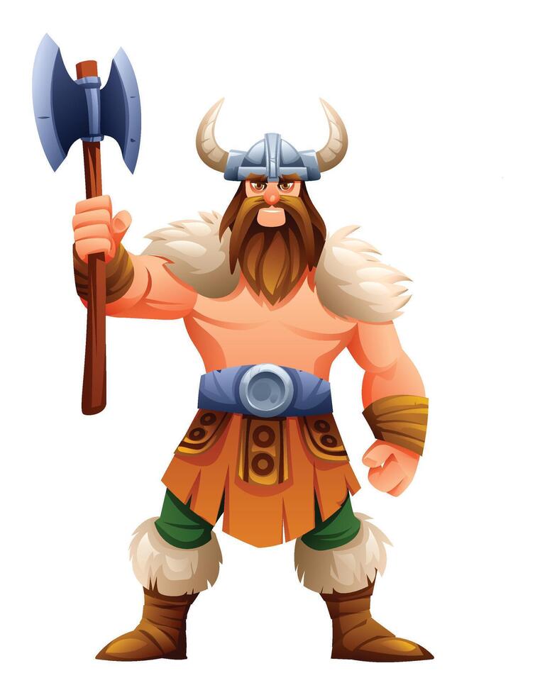 Viking character with axe in battle stance. Cartoon illustration vector