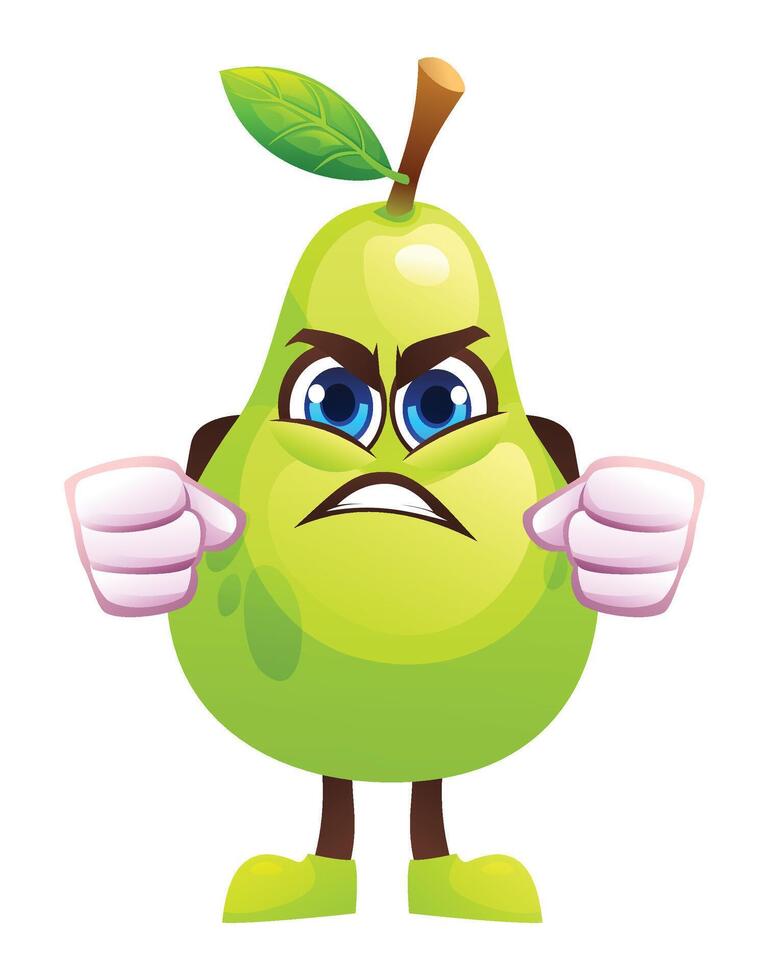 Angry pear character with clenched fists, expressing frustration. Cartoon illustration vector