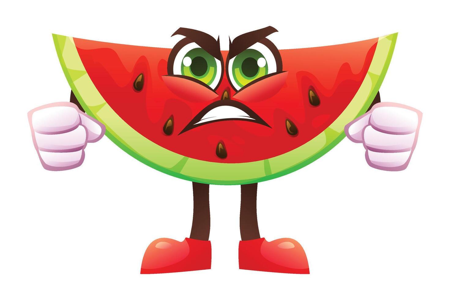 Angry watermelon slice character with clenched fists, expressing frustration. Cartoon illustration vector