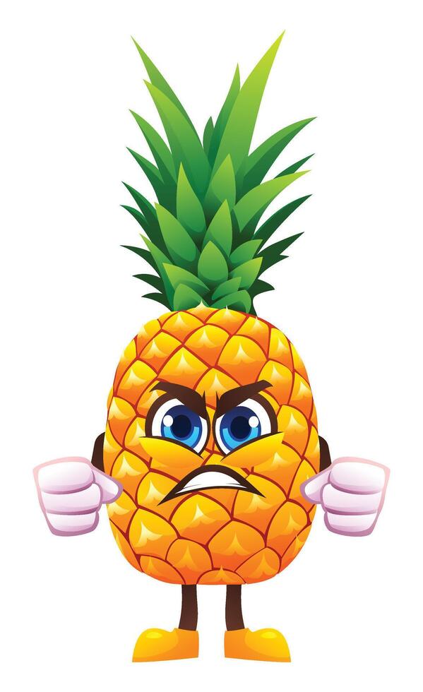 Angry pineapple character with clenched fists, expressing frustration. Cartoon illustration vector